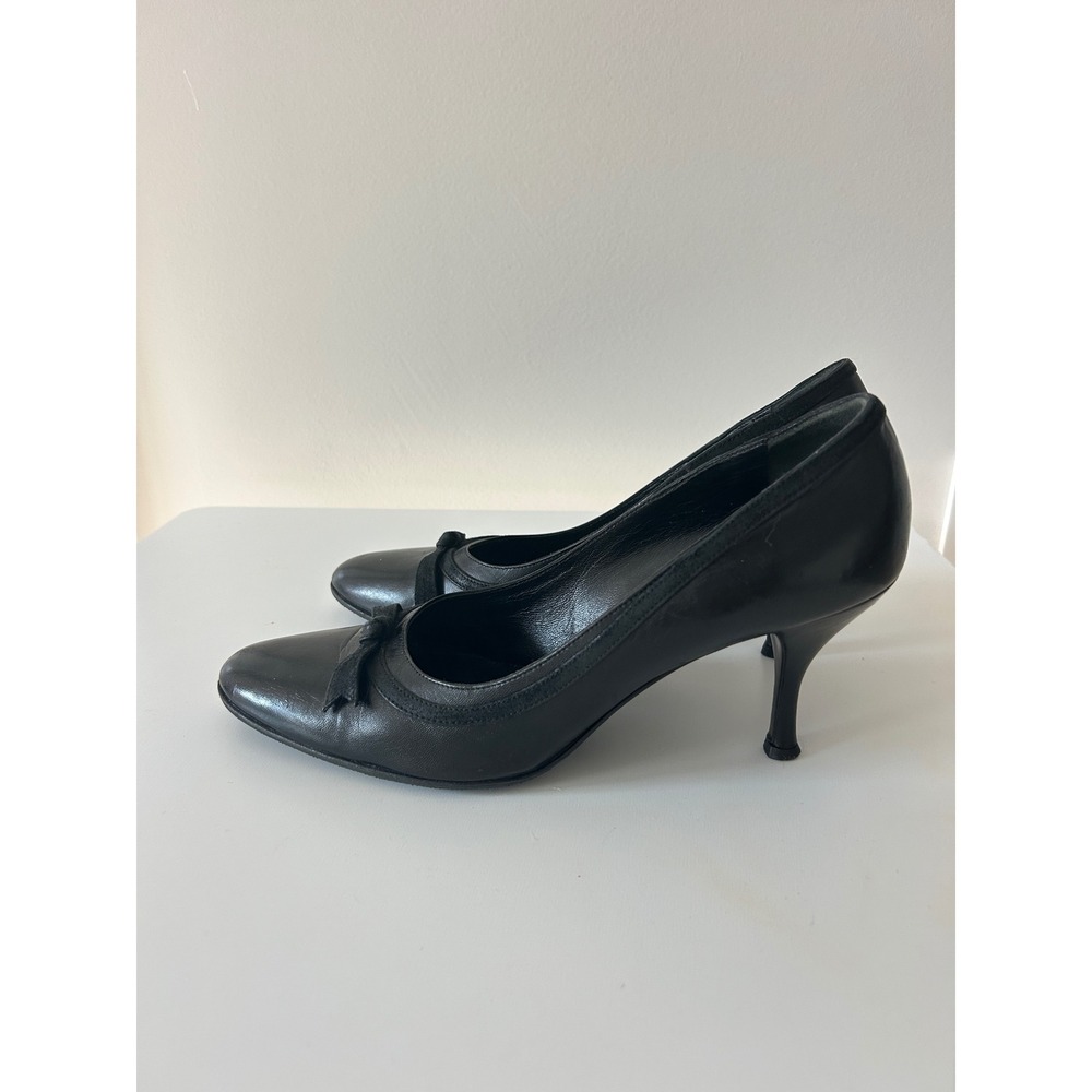 GTO Italia Black Leather Bow Pumps Almond Toe Heels Made in Italy 39.5
